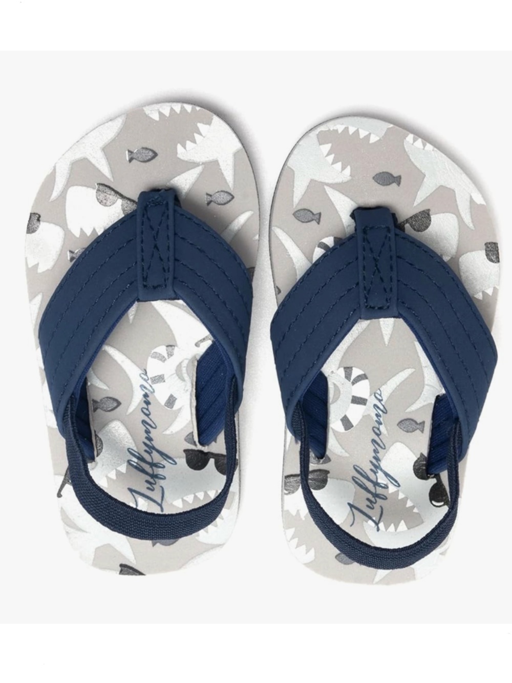 Toddler Navy Shark Print Backstrap Flip Flops - Picture 2 of 11